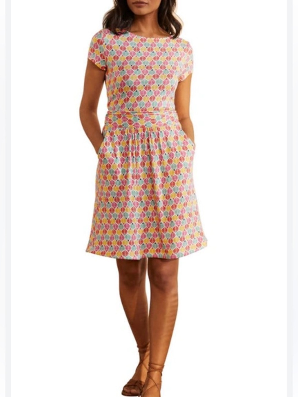 Boden Amelie Dress Palm Tile Pink Yellow Citrus Summer Vacation Casual Pockets